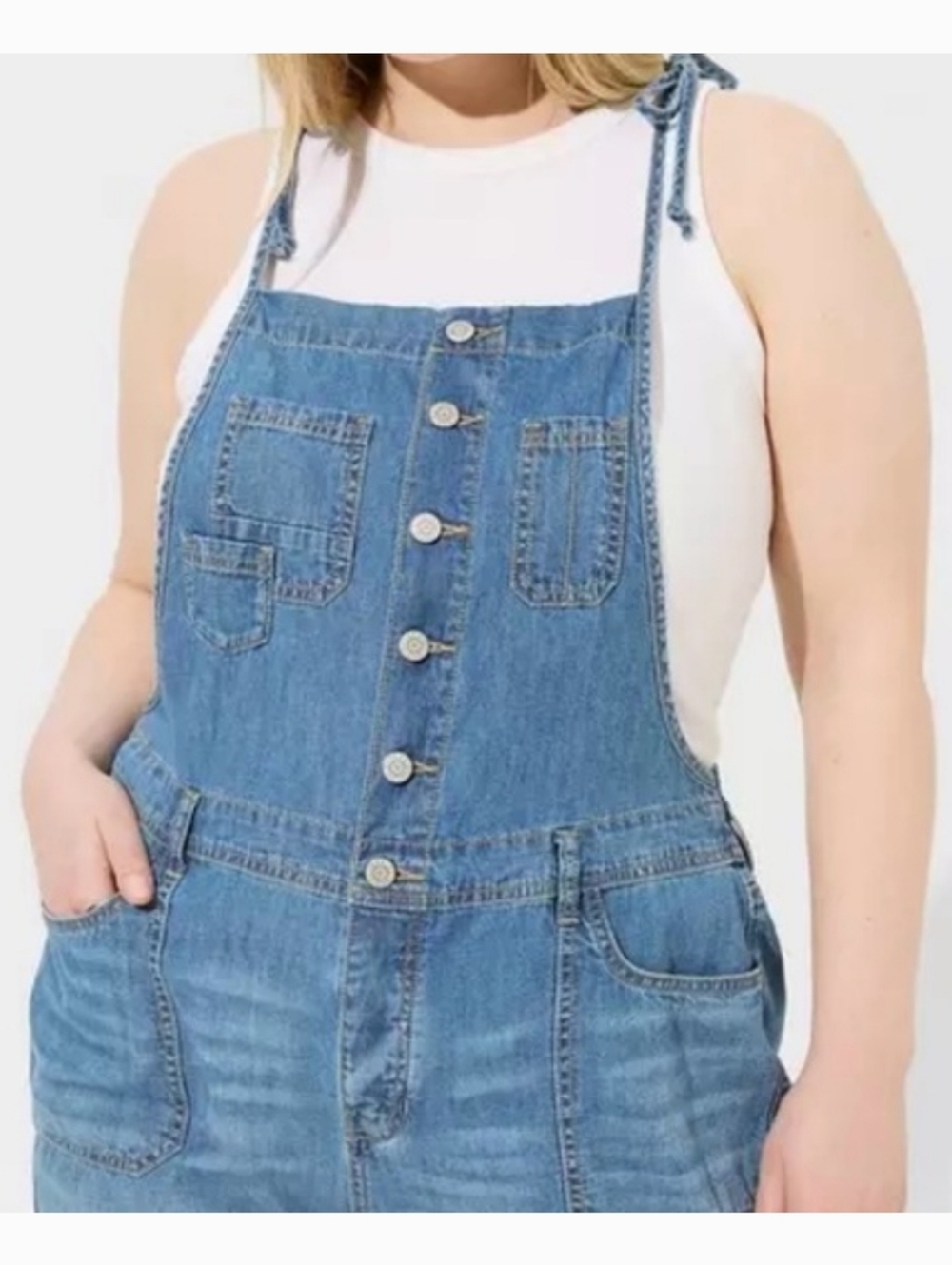 Torrid Tie Shoulder Jean Button Front Overall Romper